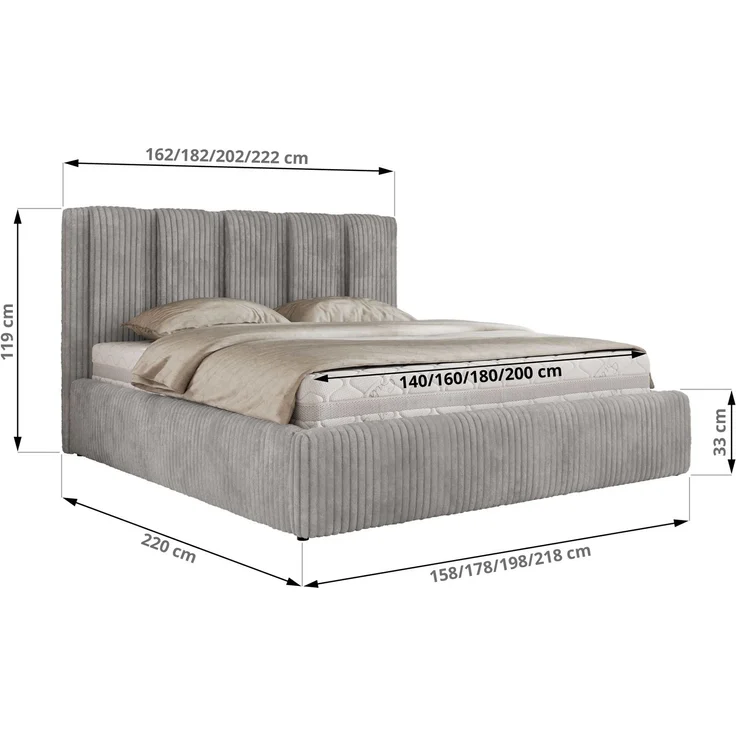 Polsterbett SAVINO CLASSIC mit Bettkasten und Lattenrost Doppelbett 160 x 200 cm mit hohem Kopfteil Stauraumbett Bett mit Gasdruckfeder - Hellgrau Cord – Bild 6