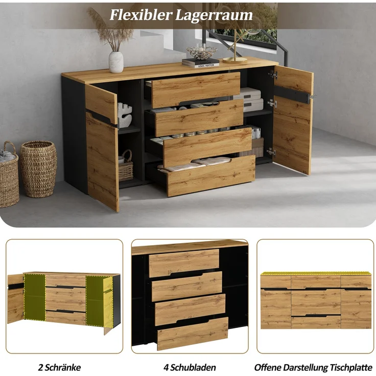 DESVIAE Sideboard mit 2 Türen und 4 Schubladen 160x80x40 cm Spanplatte Holzoptik Schwarz – Bild 5