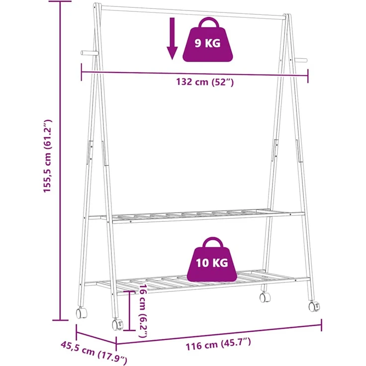 vidaXL Kleiderständer mit Ablagen und Rollen 132x45,5x155,5 cm Bambus 4008911 – Bild 9
