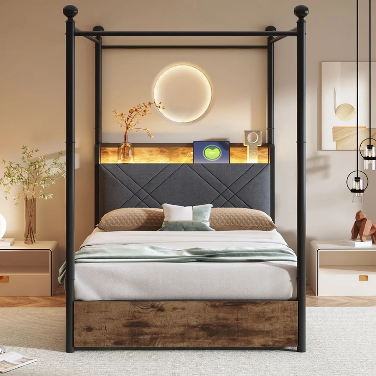 Himmelbett mit LED, USB-Anschluss & gepolstertem Kopfteil, 90x190 cm, Schwarz, ohne Matratze – Bild 2