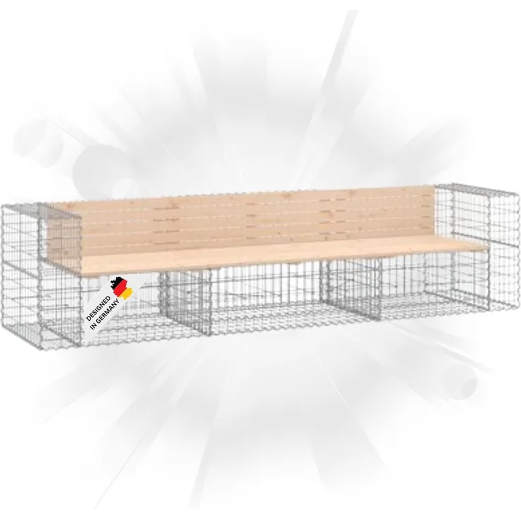DELUKE® Gartenbank Gabionen INO aus Stahl 287x71x65,5cm Kiefernholz Natur Gabionenbank Gartenbank mit Sitzfläche aus Gabionen Steinkorb Gabionengitter Ziergabione Drahtkorb befüllbar