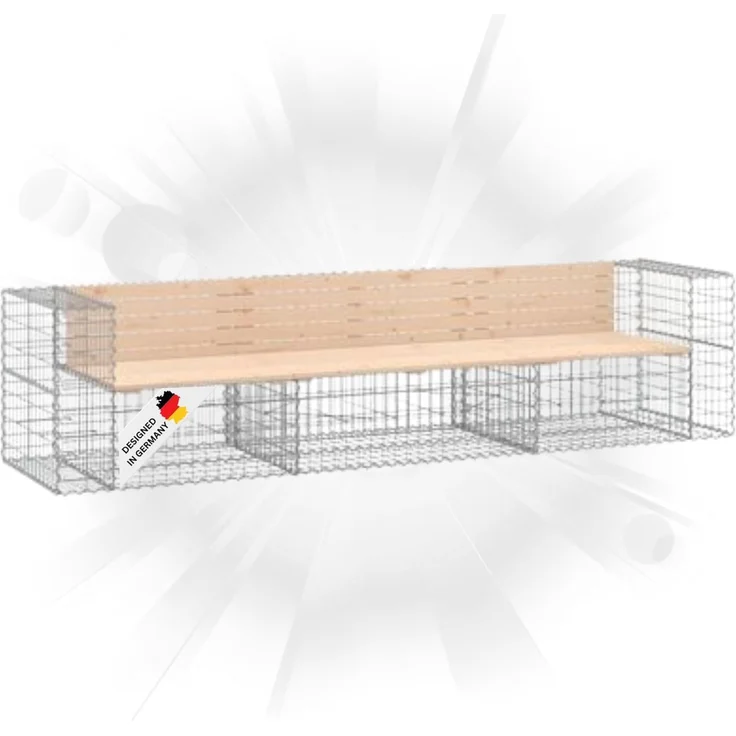 DELUKE® Gartenbank Gabionen INO aus Stahl 287x71x65,5cm Kiefernholz Natur Gabionenbank Gartenbank mit Sitzfläche aus Gabionen Steinkorb Gabionengitter Ziergabione Drahtkorb befüllbar – Bild 1