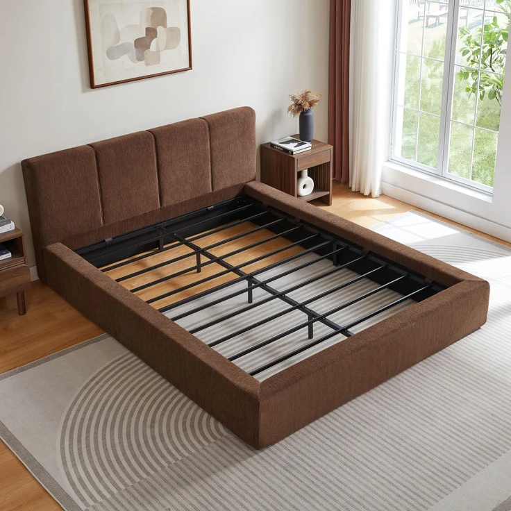 LVHOM Polsterbett 140 x 200cm, Doppelbett mit gepolstertem Kopfteil, Bettgestell mit verstärktem Stahlrahmen, Chenille, Braun – Bild 2