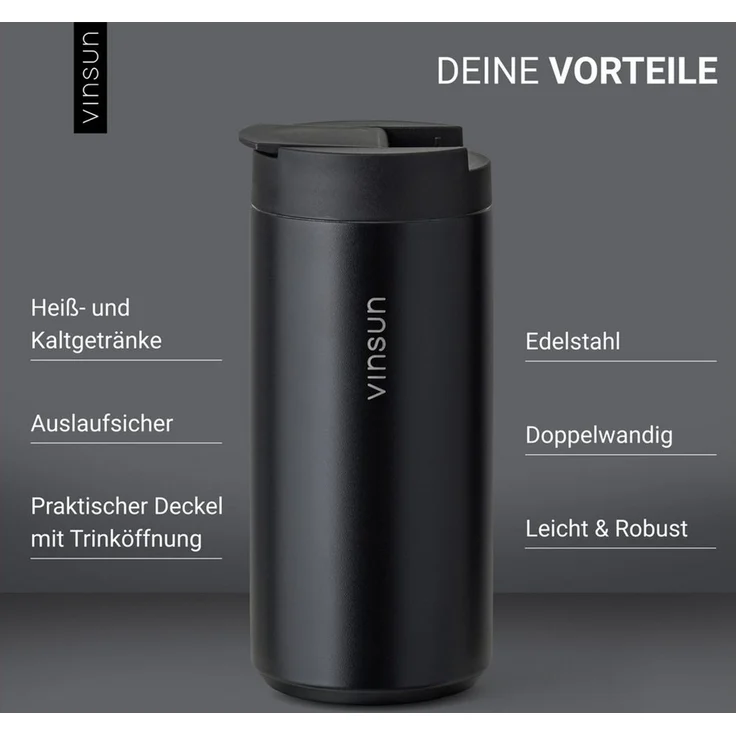 Vinsun Thermobecher Edelstahl Isolierbecher 350ml - Kaffeebecher doppelwandig isoliert, 2-tlg, Edelstahl, BPA frei, auslaufsicher, bruchfest, Kalt- und Heißgetränke – Bild 4