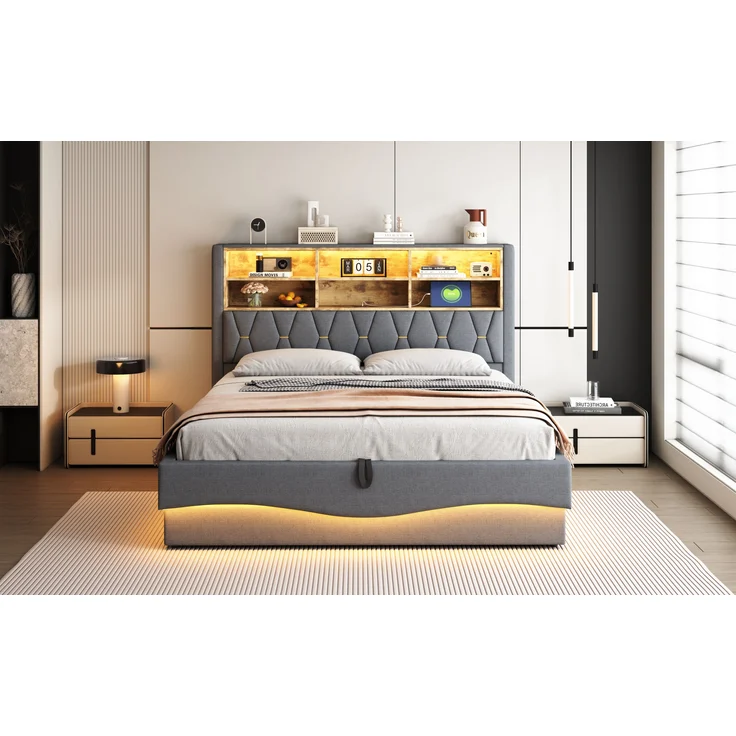 Polsterbett 180x200 cm mit Stauraum und LED-Beleuchtung – Leinenbezug & Metall-Lattenrost – Bild 4