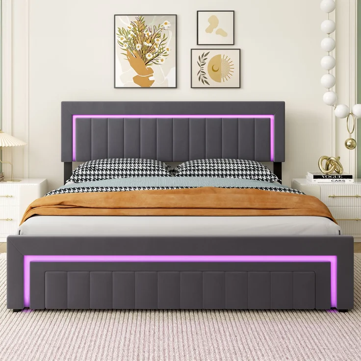 Polsterbett 160x200 cm mit LED-Beleuchtung, Samtbezug und Schubladen, Dunkelgrau – Ohne Matratze – Bild 9