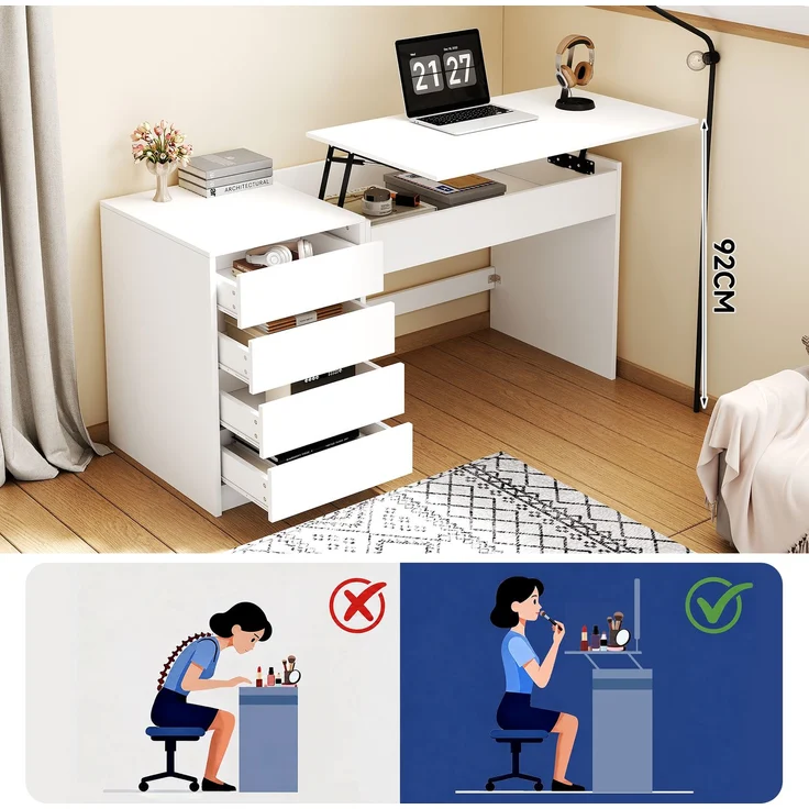 ZUBALIYA 120×50×78–92cm, höhenverstellbarer Schreibtisch mit 4 Schubladen – weißer Schminktisch und Computertisch in einem, mit manueller Höhenverstellung und verstecktem Stauraum, Schreibtisch, Schminktisch – Bild 5
