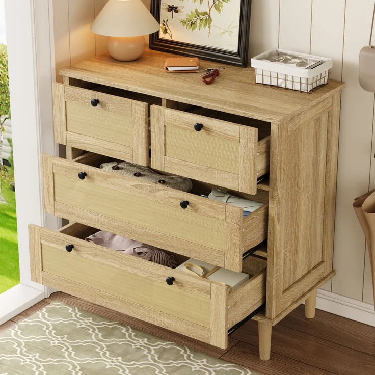 Schrank mit Rattangeflecht 80 x 40 x 80 cm, Kommode Holzfarbe, 4 Schubladen, Massivholzbeine – Bild 1