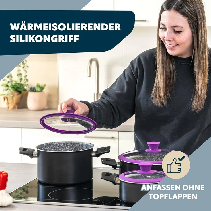 bremermann Topfdeckel Glasdeckel mit Silikonrand für 20 cm Töpfe und Pfannen, lila – Bild 3
