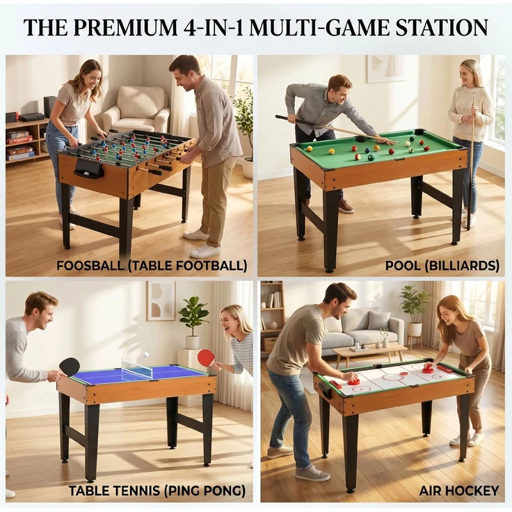 HOMCOM Multigame Spieltisch, MDF, Stahl, Naturholz+Schwarz, 107L x 61B x 84,5H cm – Bild 4