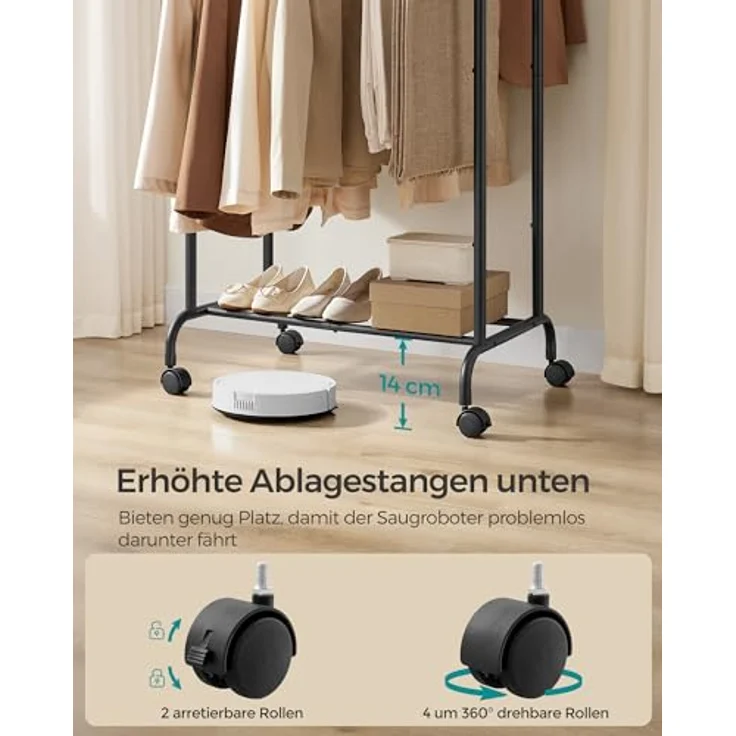 Songmics Kleiderständer auf Rollen, doppelte Stangen, ausziehbare Kleiderstangen, Garderobenständer aus Stahlrohren, bis 80 kg belastbar, 83-120 cm breit, Tintenschwarz – Bild 6