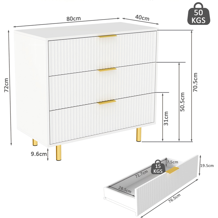 Flieks Kommode 3 Schubladen, Sideboard weiß gold, geriffelte Front modern, H72×B80×T40 cm, Aufbewahrungsschrank, MDF – Bild 4