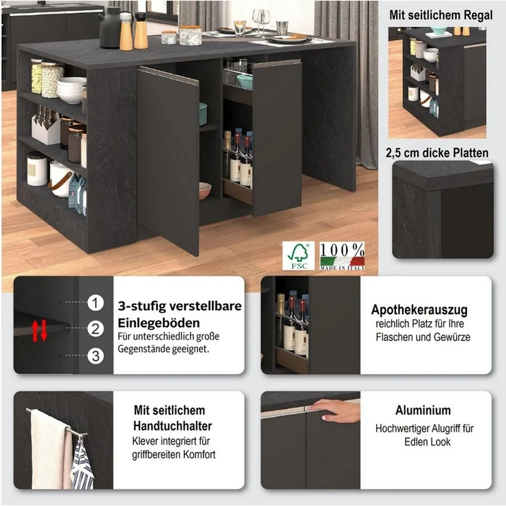 KOCHSTATION Kücheninsel KS-Sole, Kochinsel, Küchenarbeitsblock, Arbeitsinsel, Made in Italy, Breite 167,5 cm, 2 Apothekerauszüge, 2 Essplätze, 1 offenes Regal – Bild 3