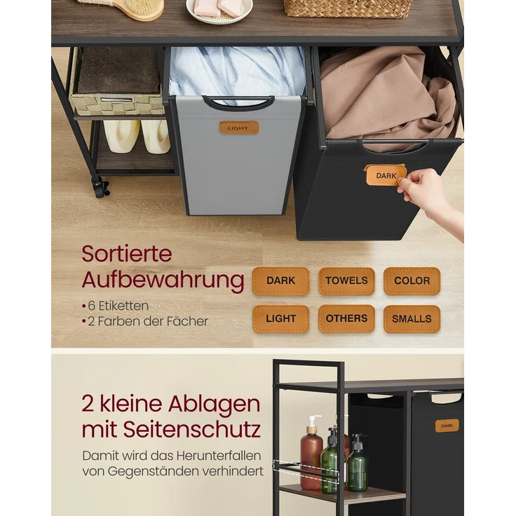 VASAGLE Wäschekorb 2 Fächer, Wäschesammler 100 L, Wäschesortierer, Rollen, Wäschewagen mit Ablagen, Wäschesack, mit abnehmbaren Taschen, 6 Etiketten, kastanienbraun-tintenschwarz-taubengrau – Bild 4