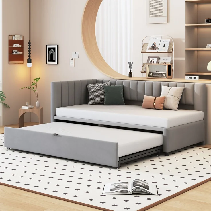 Merax Multifunktionales L-förmiges Schlafsofa mit Ausziehbett 90/180*200cm, Polsterbett in Samtstoff, platzsparendes Design für Kinderbett, Gästebett, hellgrau – Bild 2
