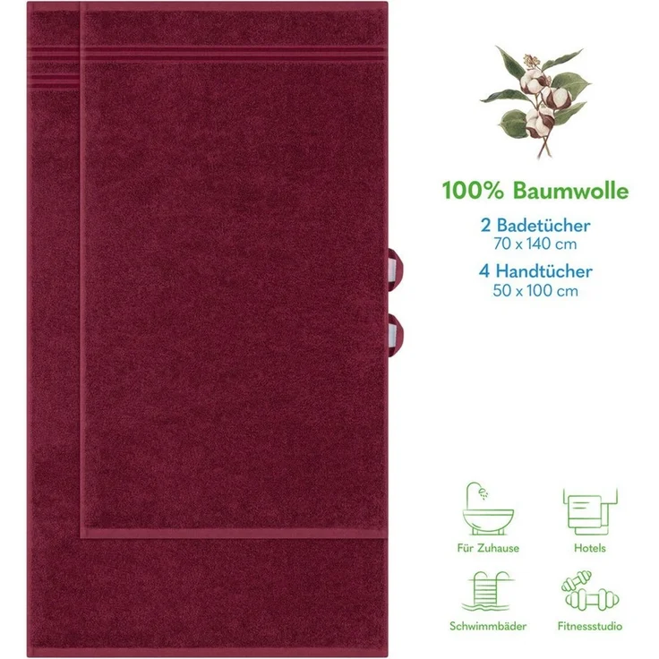 Hammetex 6 teiliges Handtuch Set, 100% Baumwolle Weich Saugstark Qualität Handtücher Set, 2 Badetücher 70x140 cm, 4 Handtücher 50x100 cm, Bordeauxrot – Bild 2
