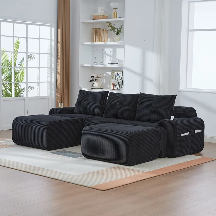 Sofa 3-Sitzer 268x174x80 cm mit schwarzer Cord-Sitzfläche, modular, Cupholder und Seitentasche – Bild 1