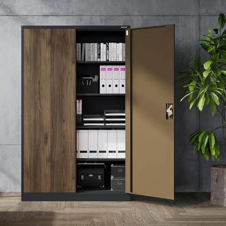 Jan Nowak Aktenschrank Metall 185 x 115 x 40 cm Büroschrank abschließbar Stahlschrank mit 4 verstellbaren Einlegeböden Dokumentenschrank Antrazit Nussbaum – Bild 7