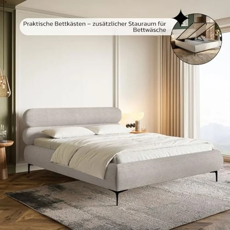 Selsey Polsterbett 160x200 cm Cord Greige – Bett mit Stauraum und Bettkasten, gepolstertes Bett mit Lattenrost und Metallrahmen, Doppelbett Schlafzimmer mit schwarzen Füßen und Gasdruckfedern – Bild 7