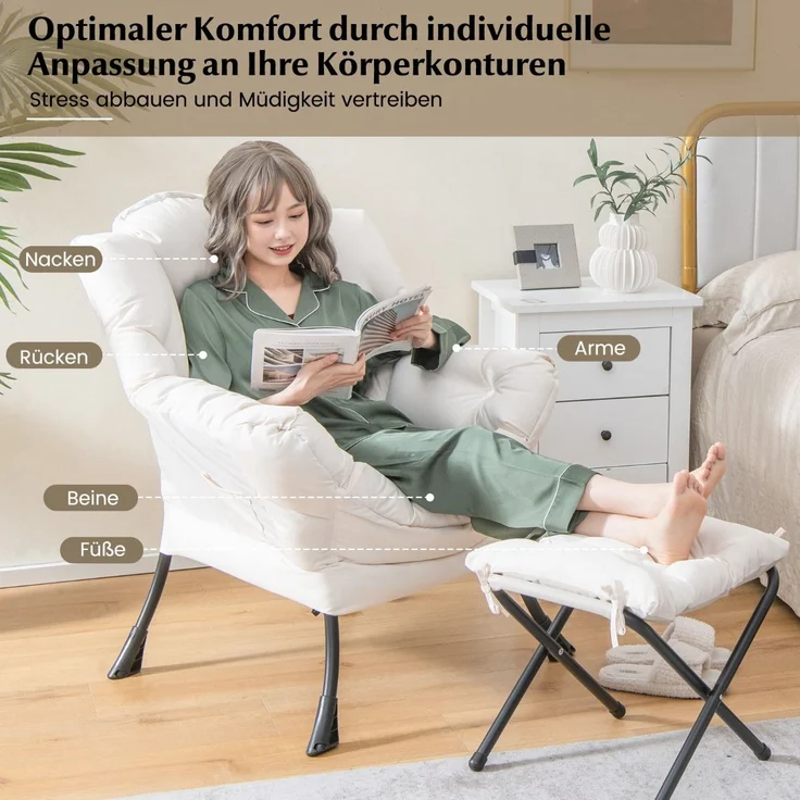 Sessel mit Hocker & Armlehnen & Seitentasche & Fußstütze Relaxsessel Ohrensessel Beige – Bild 3