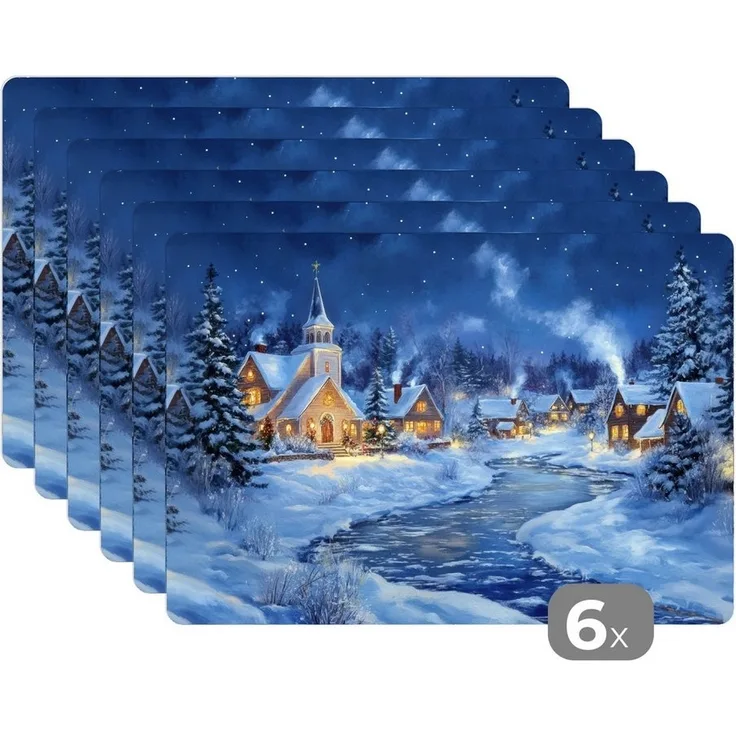 MuchoWow Platzset Winterabend - Weihnachtsdorf - Dunkelheit, (6-St), Platzsets, Tischset, Abwaschbar, Tischsets, Platzdeckchen