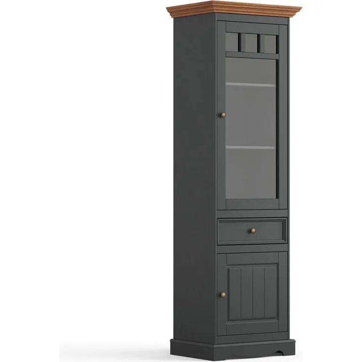 Vitrine Belluno Elegante Glasvitrine 59,5x44x190cm Massivholz gebeizt Farbe: grau