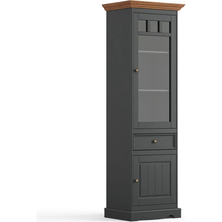 Vitrine Belluno Elegante Glasvitrine 59,5x44x190cm Massivholz gebeizt Farbe: grau