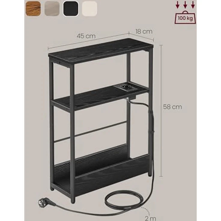VASAGLE Beistelltisch schmal, Nachttisch mit Ladefunktion, Couchtisch klein, 3 Ablagen, Zeitschriftenhalter, für Wohnzimmer, Schlafzimmer, Arbeitszimmer, ebenholzschwarz-tintenschwarz LET335B02 – Bild 4
