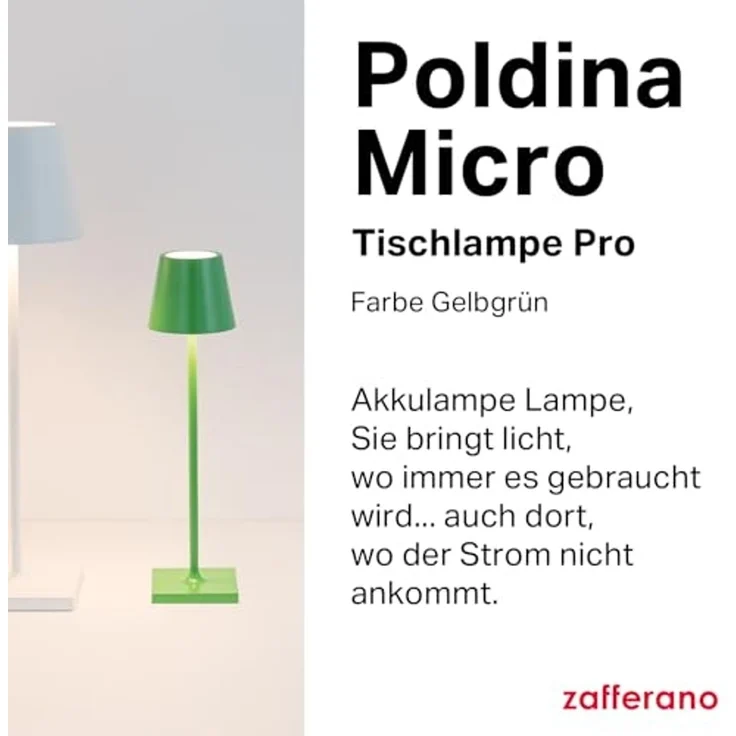 Zafferano, Poldina Micro Lampe, Kabellose, Wiederaufladbare Tischlampe mit Touch Control, Geeignet für Wohnzimmer und Außenbereich, Dimmer, 2200-3000 K, Höhe 27,5 cm, Farbe Gelbgrün – Bild 2