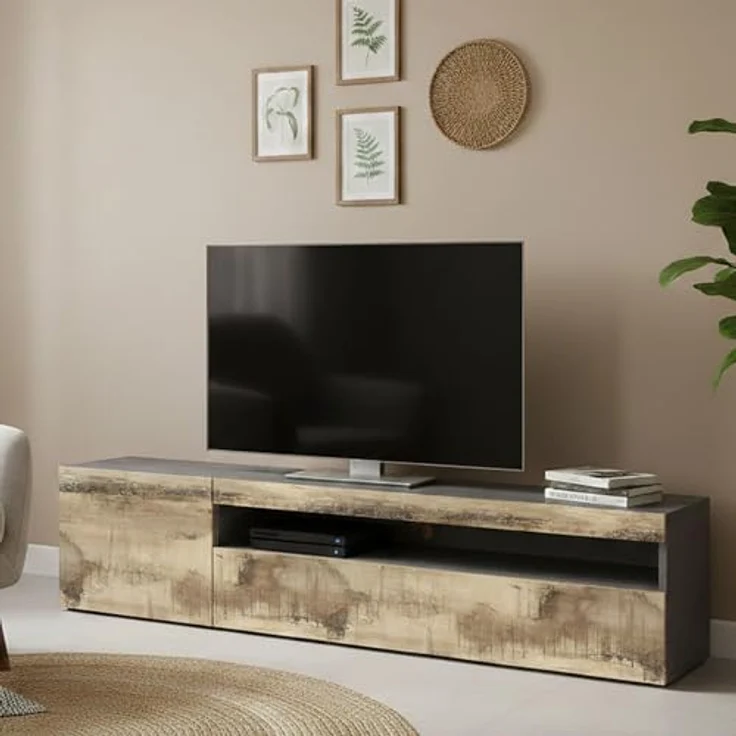Dmora - TV-Schrank Claudio, niedriges Wohnzimmer-Sideboard, Fernsehständer-Basis, 100 % Made in Italy, 150 x 40 x 37 cm, Schiefer und Ahorn, – Bild 1