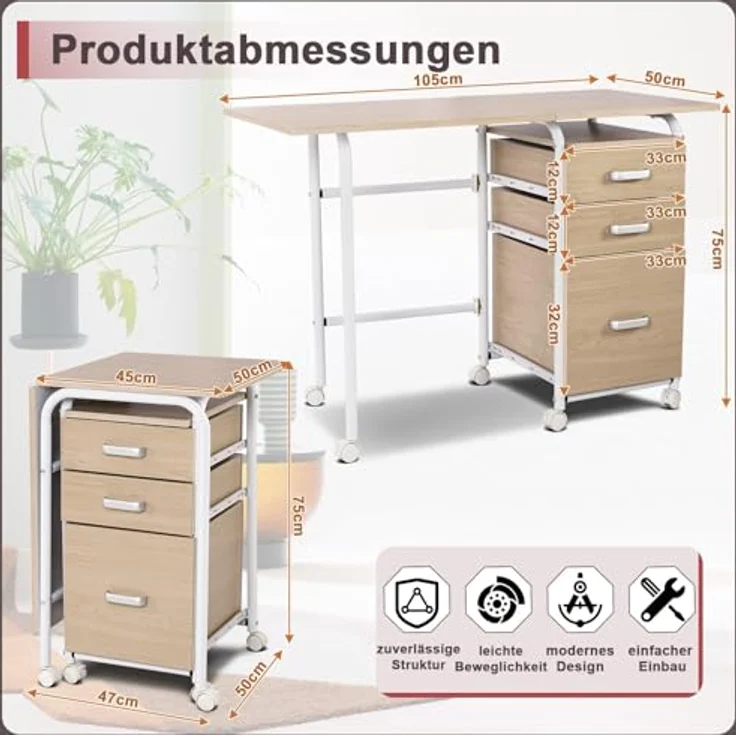 FANTASK Schreibtisch, Klappbarer Bürotisch mit Metallrahmen, Klappschreibtisch mit 3 Schubladen & Rollen, platzsparender Computertisch für kleine Räume, 105 x 50 x 75 cm (Natur) – Bild 4