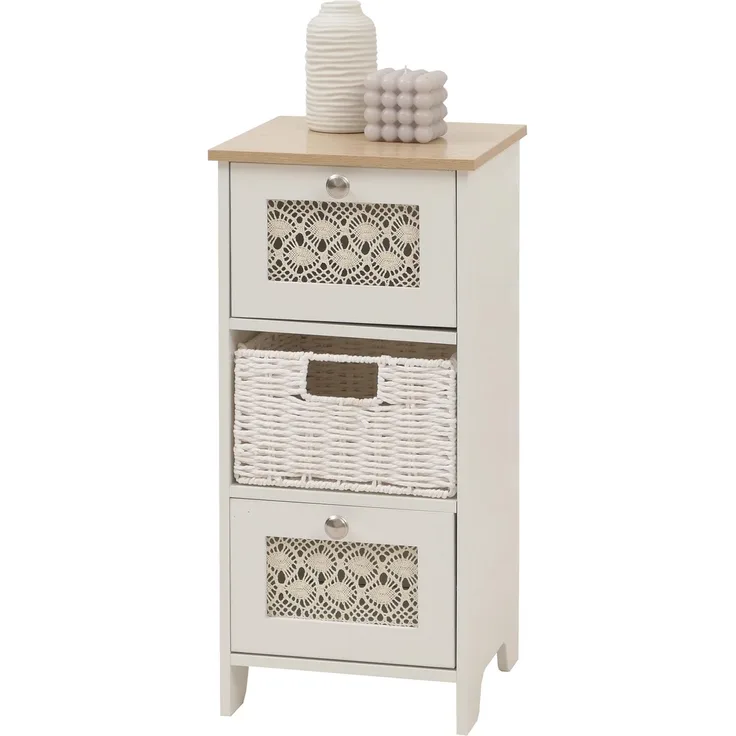 Kommode HWC-O75, Schubladenschrank, 3 Schubfächer Korbschubladen Holz Melamin 63x30x30cm ~ natur-weiß
