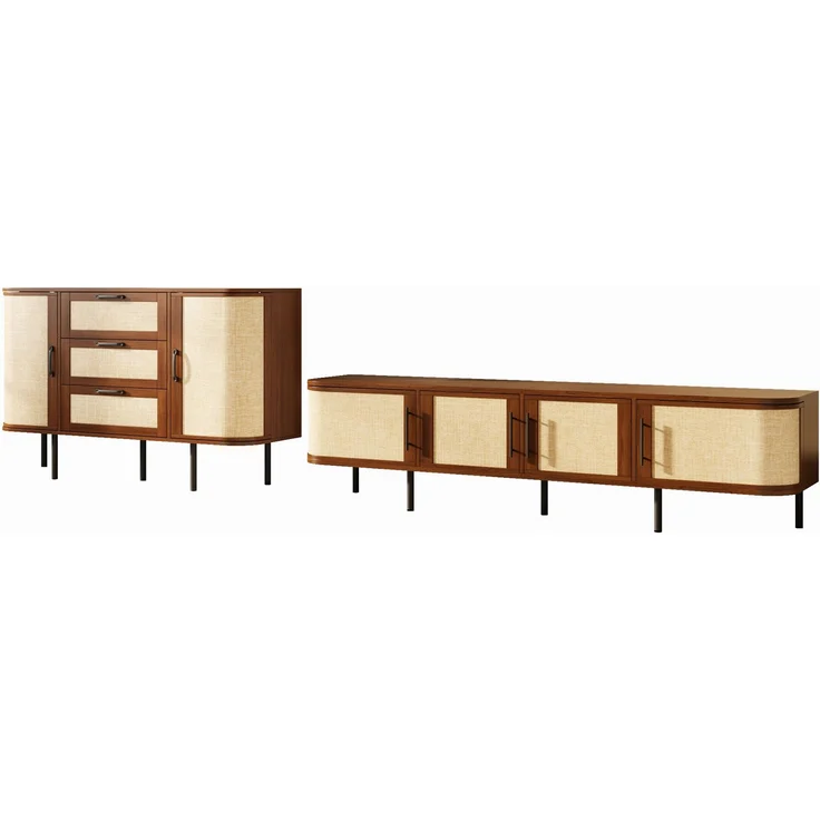 Wohnzimmermöbel-Set aus MDF mit Geflechtfronten & Stauraum, 180x40x45/120x40x82 cm, Nussbaum – Bild 6