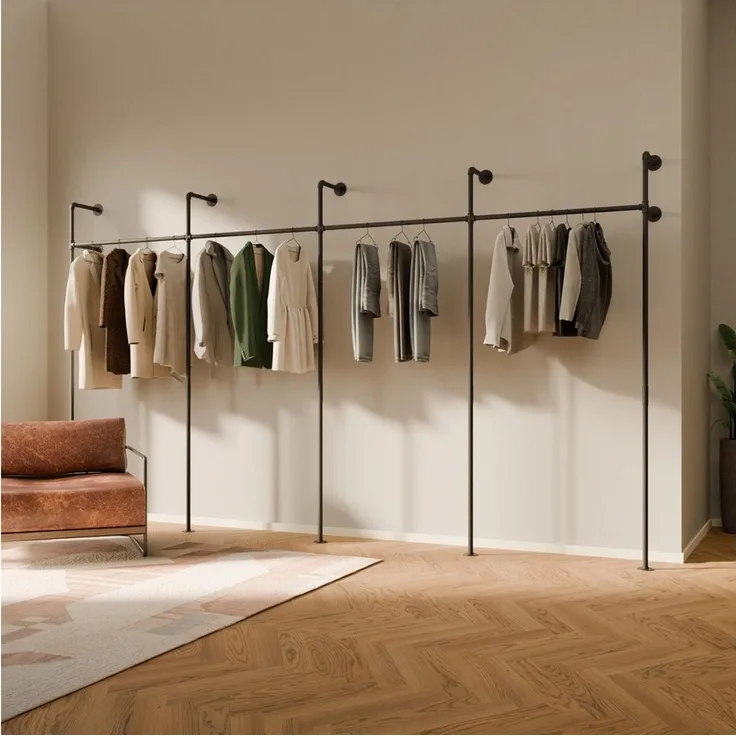 pamo. design Kleiderständer KIM Kleiderstange Wandmontage, offener Kleiderschrank, Kleiderständer, (Set, 1), Schwarzer Garderobenständer im Industrial Design für Kleidung