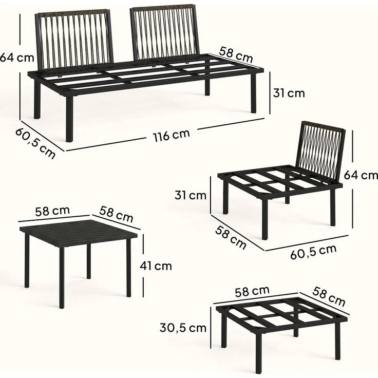 Wohnora-Lounge Gartenmöbel Set 5-6 Personen Gartenlounge Set mit 2 Sitzer Gartensofa 2 Stühle Eckstuhl Lamell-Tisch Fußhocker,H 64cm x T 234cm x B 176cm,Hellgrau – Bild 4