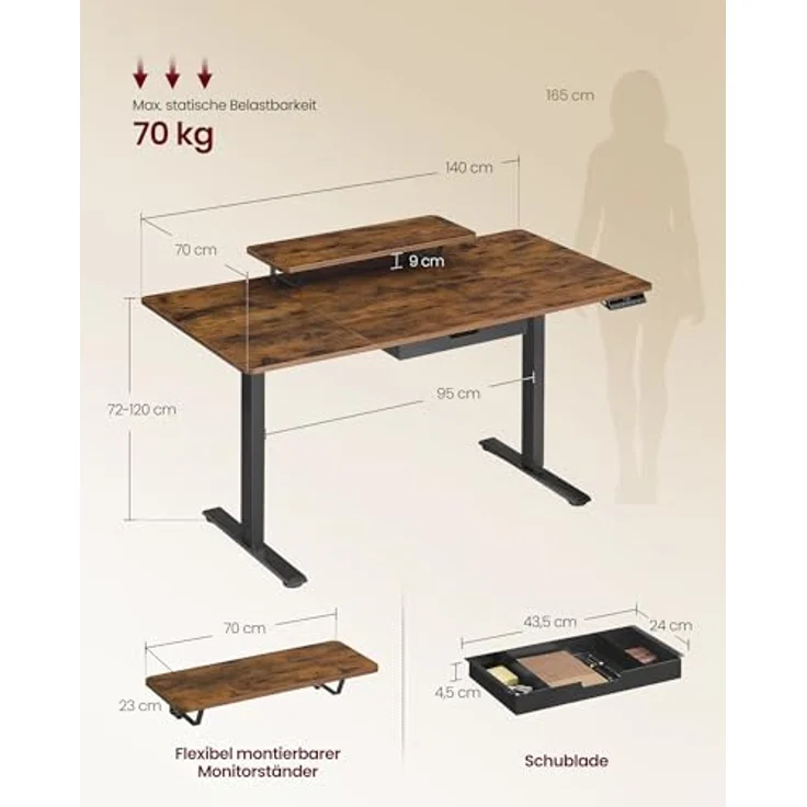 VASAGLE Höhenverstellbarer Schreibtisch, 140x70 cm, flexibel montierbarer Monitorständer, Schublade, USB-C-Anschluss, Erinnerung bei langem Sitzen, für Büro, vintagebraun LSD154KD01 – Bild 4