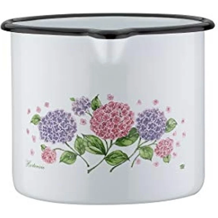 GSW Topf-Set Hortensie, Stahl-Emaille (Set, 6-tlg, je 1x Kochtopf Ø 16/20 cm, Stielkasserolle Ø 16 cm, Milchtopf Ø 12 cm), Induktion – Bild 3