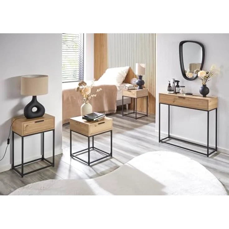 XXXL Nachtschrank Malmö, Schwarz, Eiche, Metall, 1 Schublade, 40x60x40 cm, Schlafzimmer Nachttisch – Bild 9