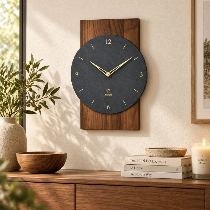 Natuhr Wanduhr F4000D Steineiche Funkwanduhr aus dunkler Eiche mit Schiefer – Massivholz Eiche – Eiche dunkel – 34 × 24 × 5 cm – Bild 4