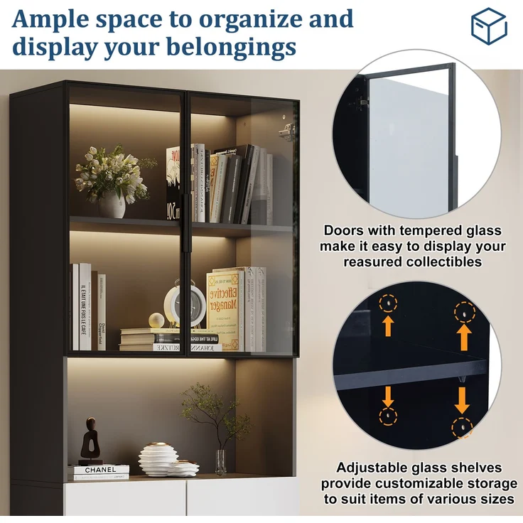 Moderne minimalistische Vitrine mit Glastüren, Vitrine mit LED-Leuchten, Bücherregal für Sammlerstücke, einstellbare Farbtemperatur und Helligkeit, weiße Türen mit schwarzer Dekoration, 80*30*200cm--Weiß--94.49x50.8x19.51cm--YOUDENOVA – Bild 9