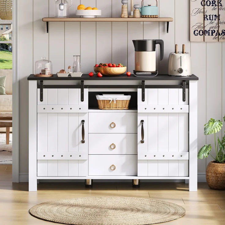 Merax 120 cm Buffetschrank mit Stauraum, Seitenschrank mit Schiebetüren und 3 Schubladen, rustikaler Holz-Kaffeebar-Buffettisch, weiß – Bild 7