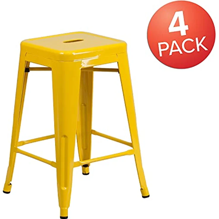 Flash Furniture Handelsübliche Qualität, 61 cm hoch, rückenfrei, Metall, für drinnen und draußen, Thekenhöhe, Hocker mit quadratischem Sitz, Kunststoff, verzinkter Stahl, Gelb, 4 Stück – Bild 5