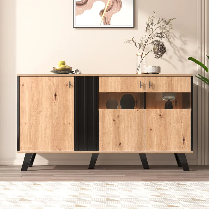 Merax 140 x 78 x 41 cm großes Sideboard mit Stauraum, Schrank mit LED-Licht und Glas, Holz und Schwarz – Bild 2