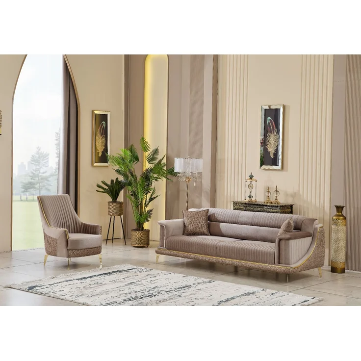 Sitzgruppe/Sofa Set - Wohnzimmergarnitur "Elva" 3+3+1+1-Hellbraun/Beige – Bild 2