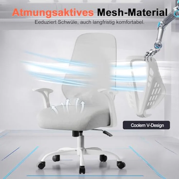 COMHOMA Ergonomischer Bürostuhl Schreibtischstuhl Gamingstuhl, mit Armlehnen, atmungsaktives Mesh, V-förmige Rückenlehne, verstellbar, Wippfunktion, Hochdichter Schaumstoffsitz, leise Rollen, grau – Bild 6