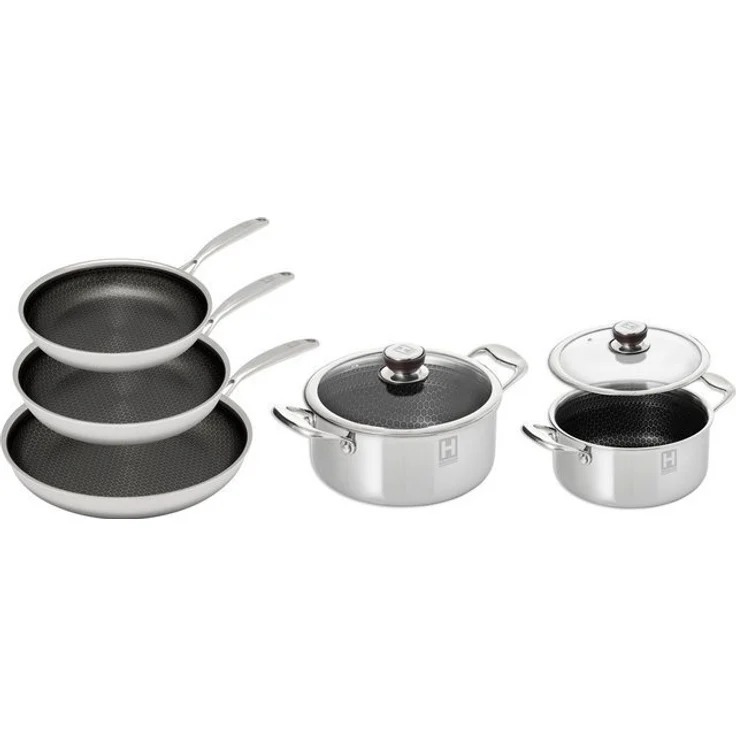 HENSSLERS Pfannen-Set, Edelstahl (Set, 7-tlg, je 1 Pfanne Ø 20/24/28 cm, je 1 Kochtopf Ø 20/24 cm), 3-Schicht Material, Wabenstruktur und Antihaftbeschichtung, Induktion – Bild 4