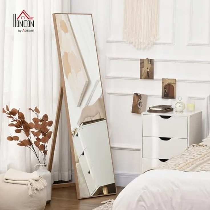 HOMCOM Standspiegel mit Ständer, freistehend, 40 x 150 cm, Natur (Set, 1-St, 1 Ankleidespiegel), gerahmter Ganzkörperspiegel – Bild 2