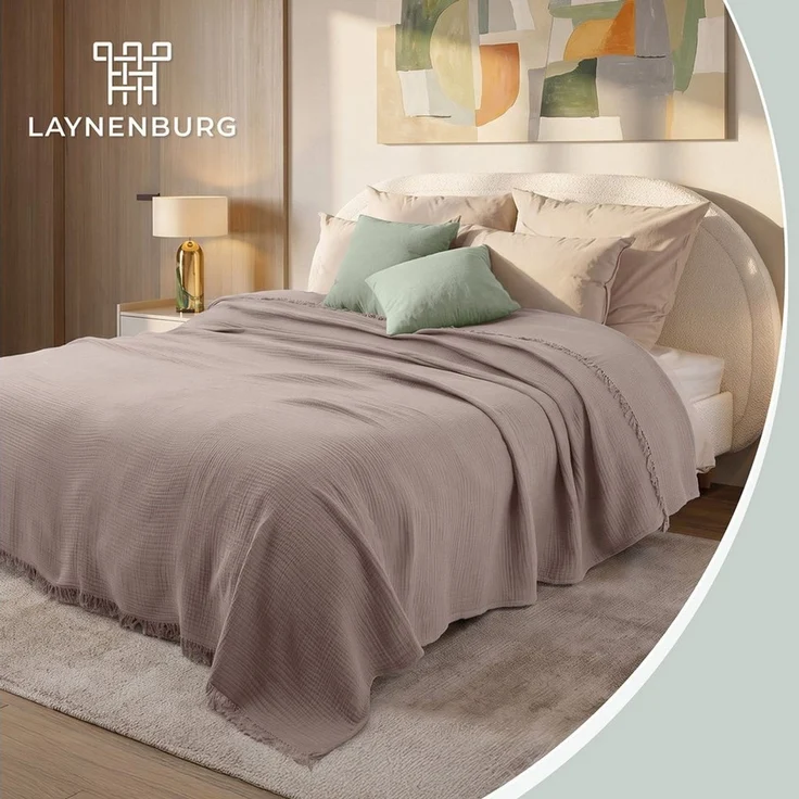 Laynenburg Tagesdecke Musselin mit Fransen aus 100% Baumwolle – Baumwolldecke, Wohndecke als Sommerdecke, Bett-Überwurf, Sofa-Decke, Kuscheldecke – Bild 2