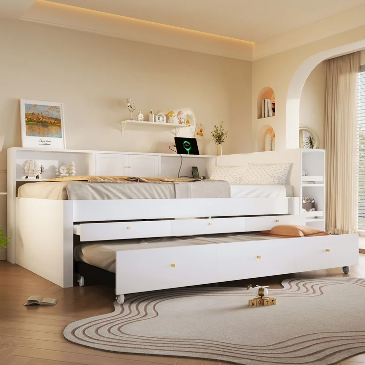 Stauraumbett 140x200 cm mit 3 Schubladen, ausziehbarem Gästebett und USB-Anschluss – Weiß (ohne Matratze) – Bild 1