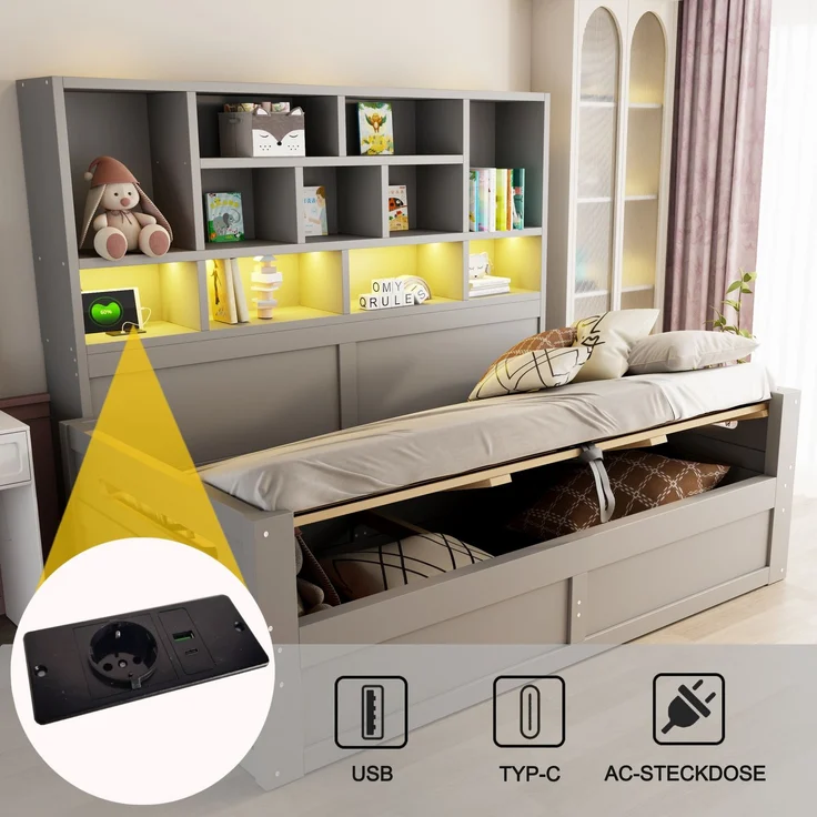 Schlafsofa aus Holz, 90 x 200 cm, Multifunktionaler Stauraum mit LED-Beleuchtung, Hydraulisches Staufach, Einzelbett, Jugendbettgestell mit Steckdosen, Grau – Bild 4